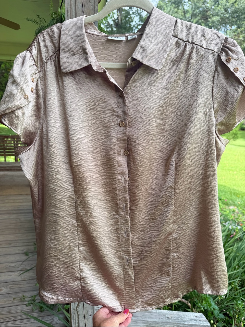 Cato Shimmery Taupe Button-Down Cap Sleeve Blouse